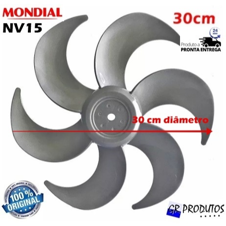 Hélice Mondial Ventilador 30cm 30 NV15 6 Pás PRATA Original EIXO REDONDO 8mm