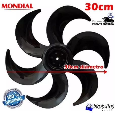 Hélice Mondial / Botão Trava / Hélice + Botão Ventilador 30cm  VT 31 6 Pás PRETO EIXO Meia Lua 8mm