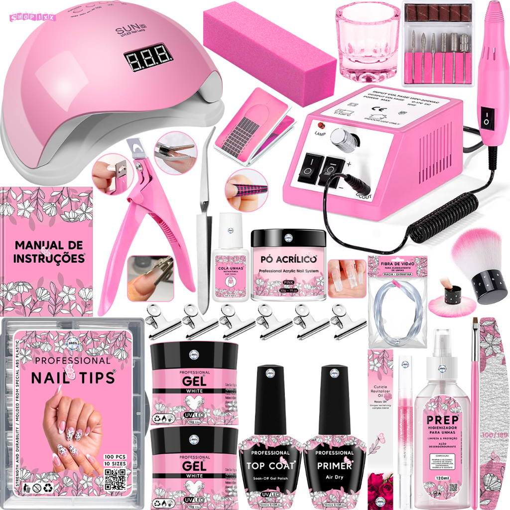 Kit Unha Gel Completo Lixadeira Elétrica Cabine Sun 5 Alongamento Unhas Tips Copo Dappen Fibra Prep