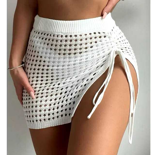 Saída Praia Saia mini Crochê Tricot com Cordão Lateral Fenda new gloss