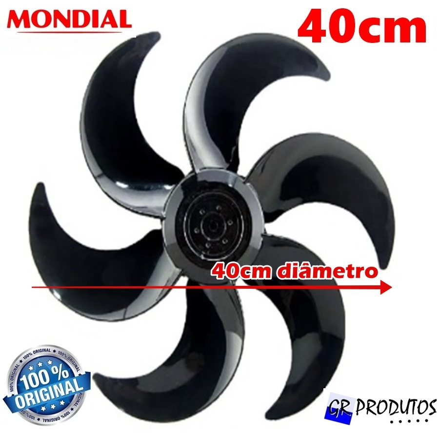 Hélice Mondial Ventilador 40cm 40 Vt41/V45/Nv-75 Maxi Power 6 Pás Preto EIXO Redondo 8mm