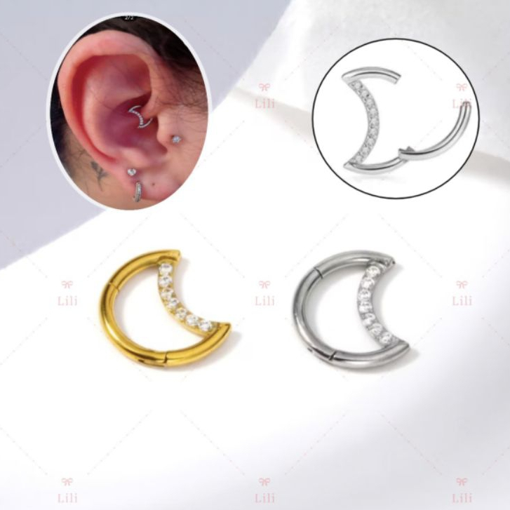 1 Piercing Daith rook septo Aço Cirúrgico clicker Lua Zircônia Cravejada