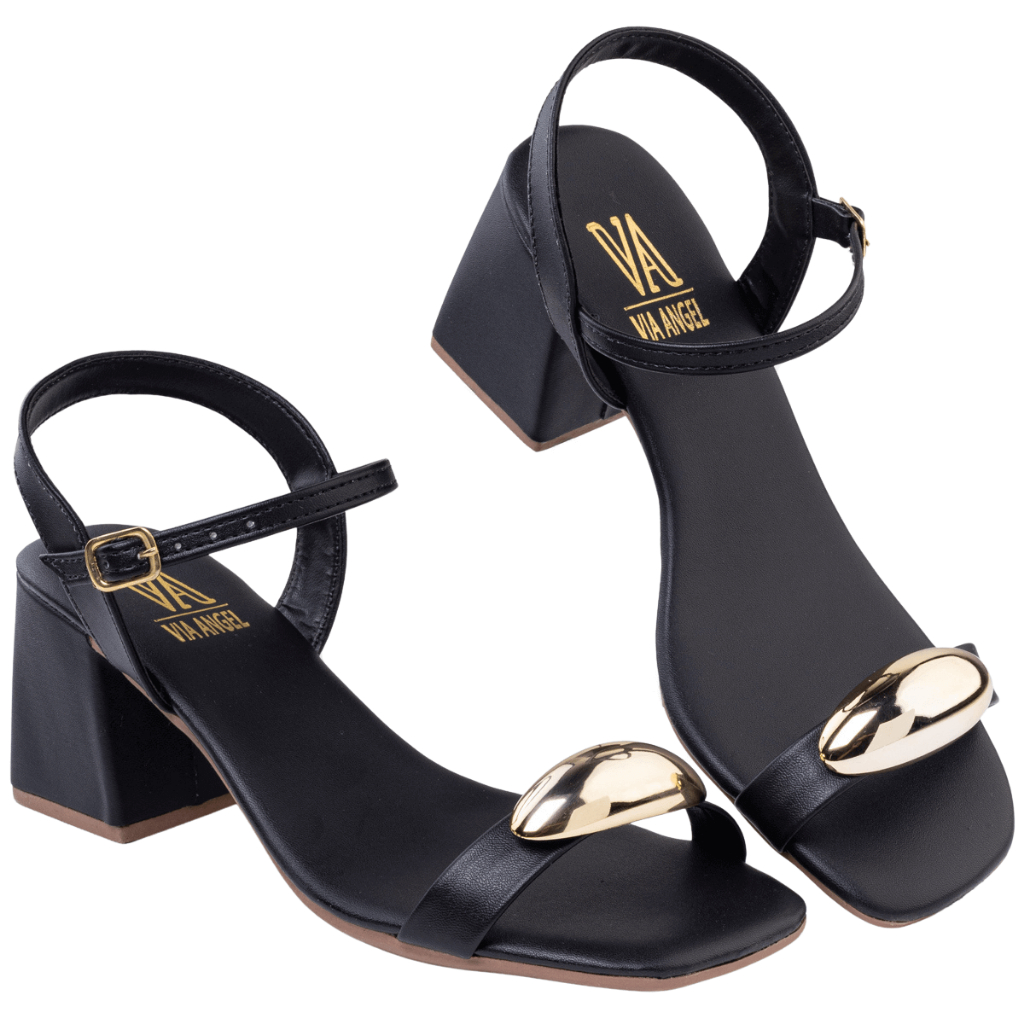 Sandália Feminina Salto Médio Quadrado Enfeite Dourado Delicada Versátil Elegante Confortável Via Angel 8602