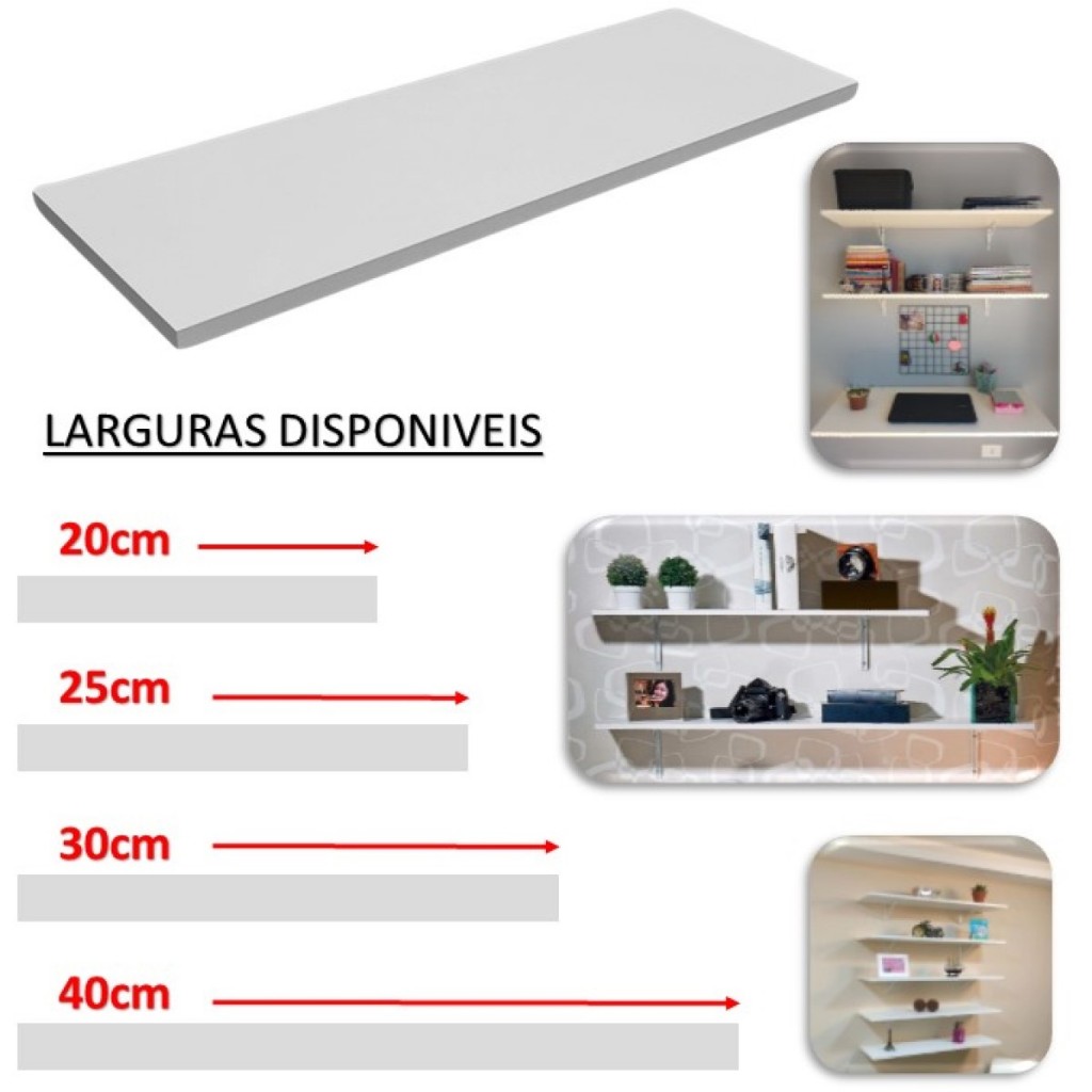 Prateleira Lisa Branca / Preto MDF - MDP 1.5 cm Espessura Largura 20 - 25 - 30 - 40 cm