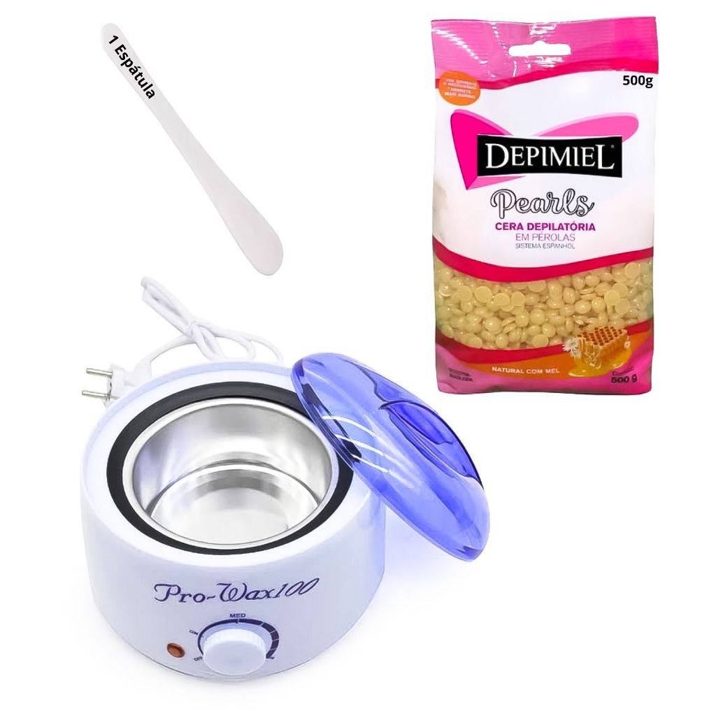 Kit Depilação Cera Quente Depimiel 500g + Creme Espátula + Panela Aquecedora 110v