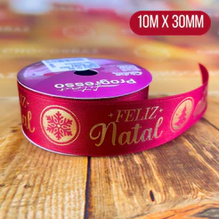 10~50 METROS DE FITA CETIM 30MM - FELIZ NATAL - FITAS NATAL PROGRESSO(CHOCO)