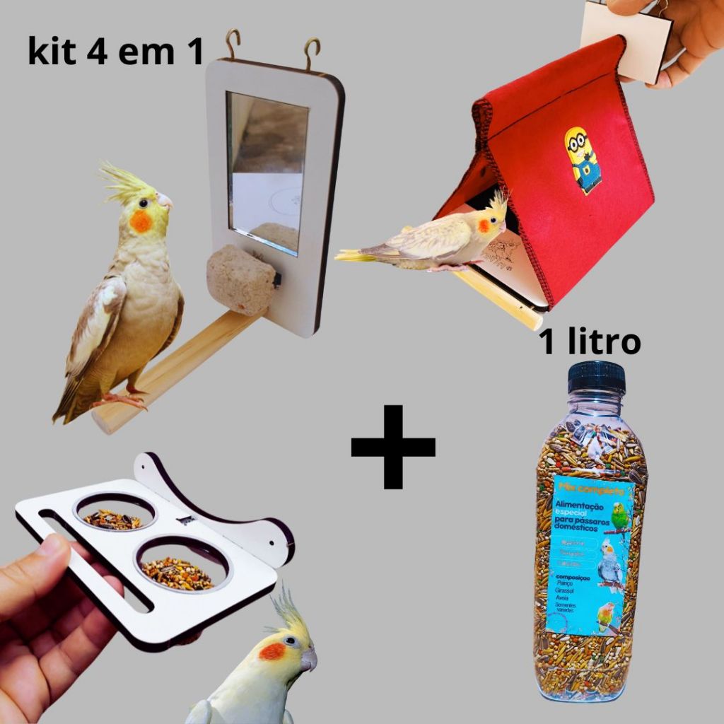 Kit Completo para Pássaros Cabana, Comedouro,Espelho e Ração para Calopsitas, Periquitos e Agapornis