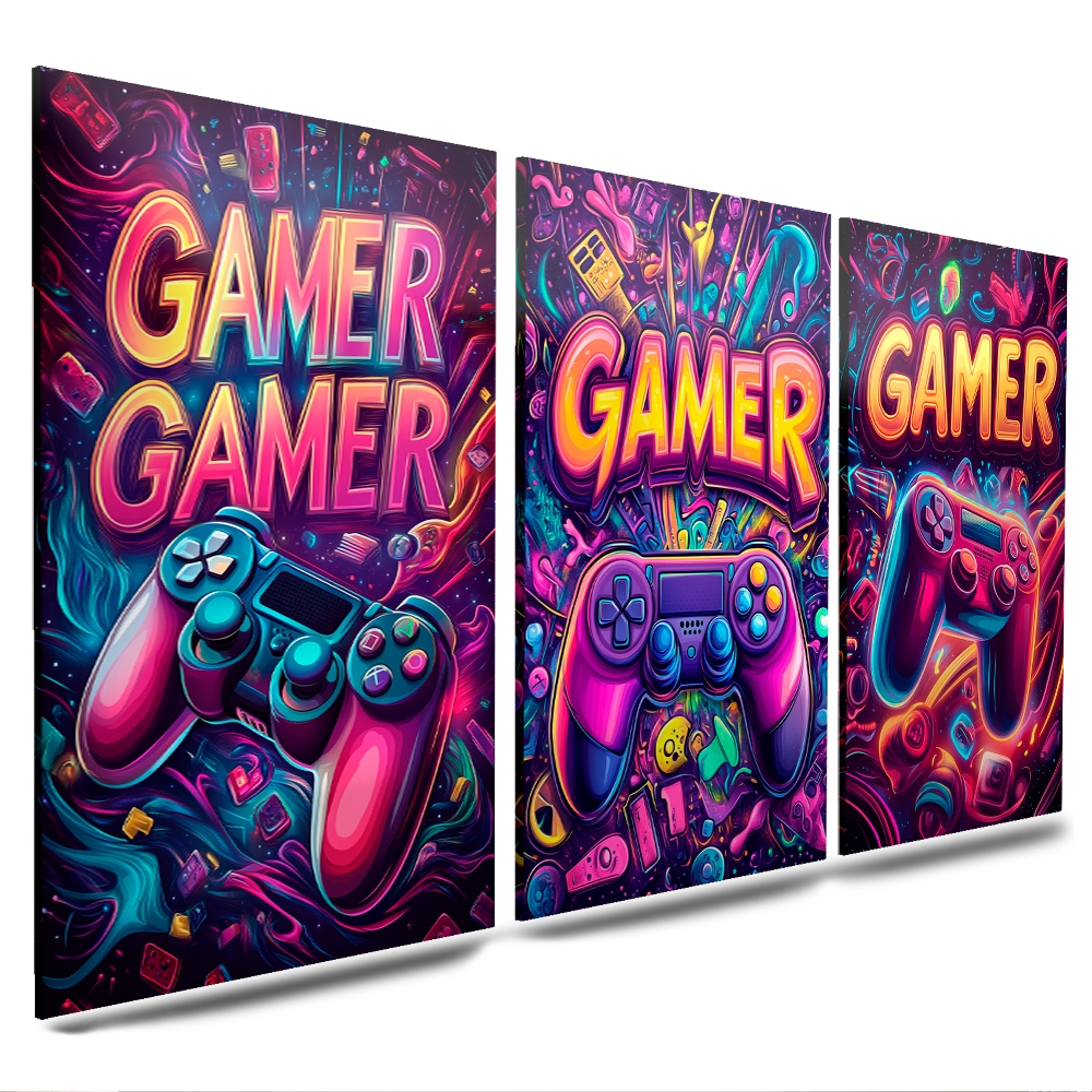 kit quadros infantil decoração quartos game, video game controles coloridos 3 peças