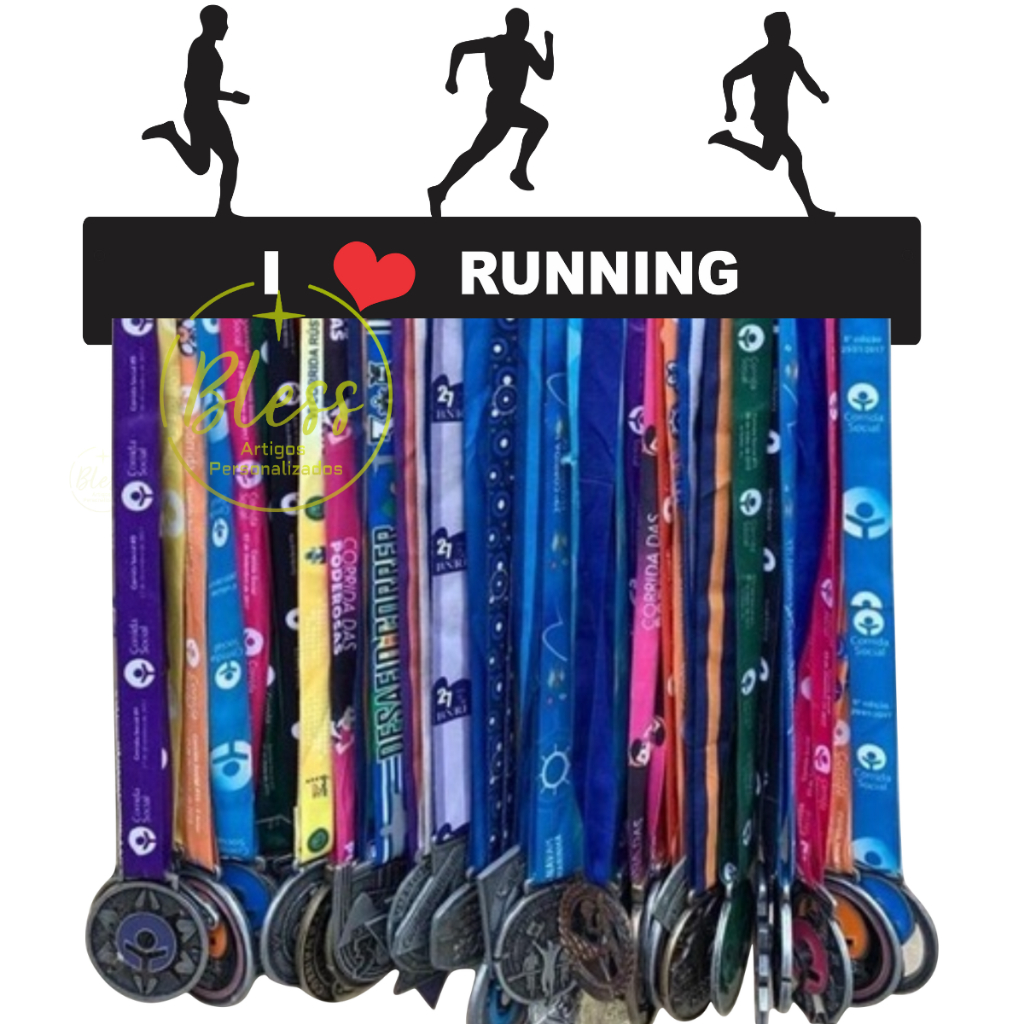 PORTA MEDALHAS CORRIDA MASCULINO I LOVE RUNNING QUADRO DECORATIVO MDF