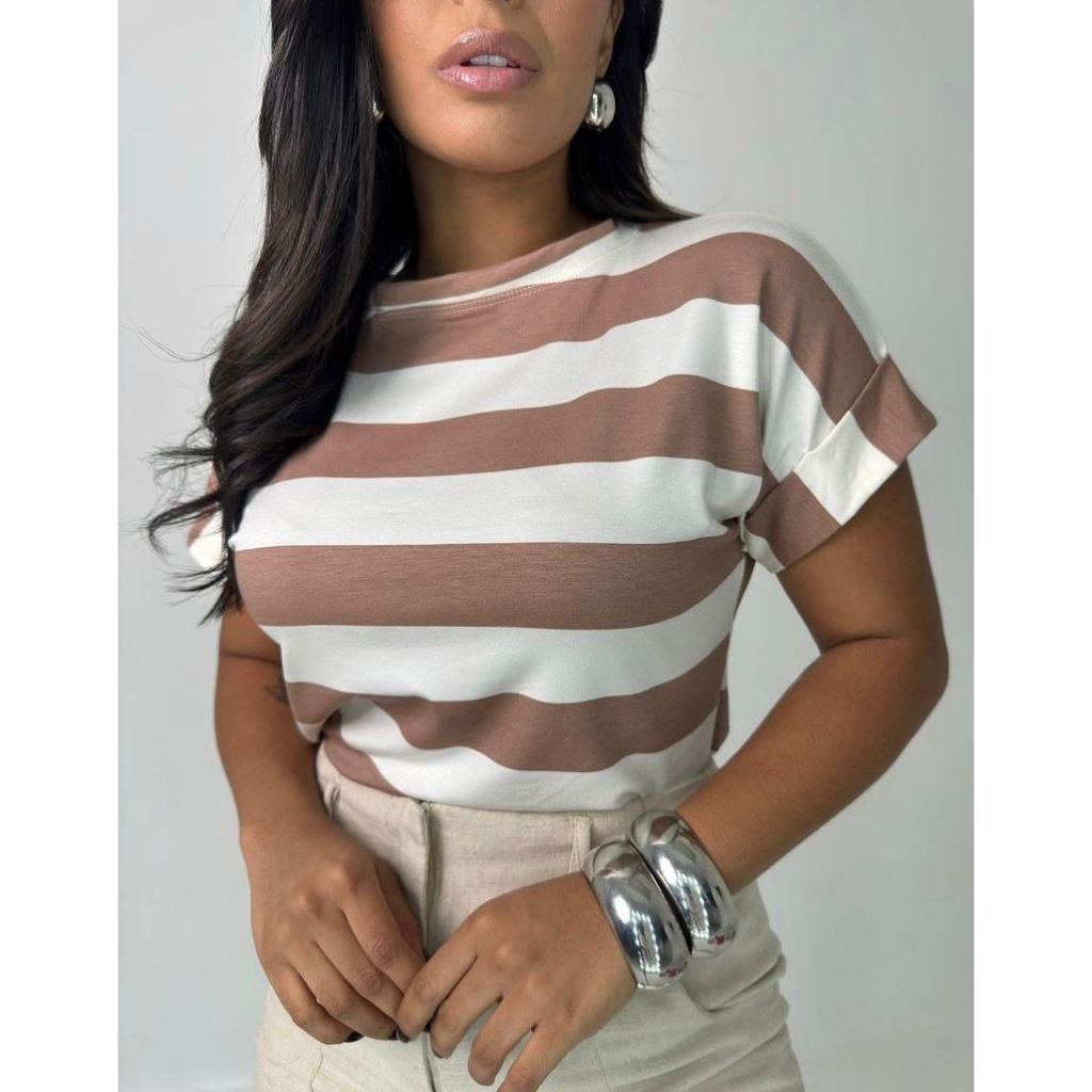 Blusa Listrada Feminina T Shirt  Manga Japonesa em Oferta na Shopee