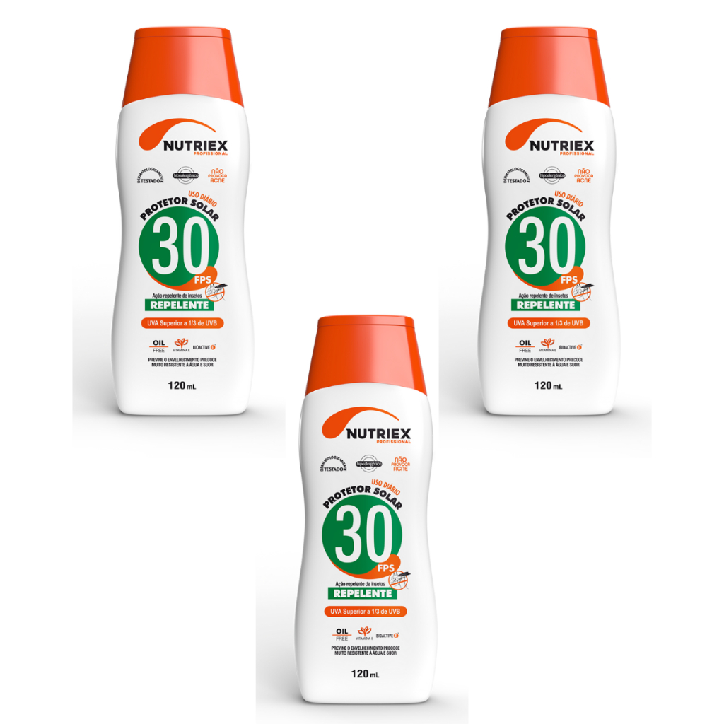 KIT 3 Protetor Solar Nutriex Profissional FPS 30 EPI Repelente Facial Corporal Resistente a Água