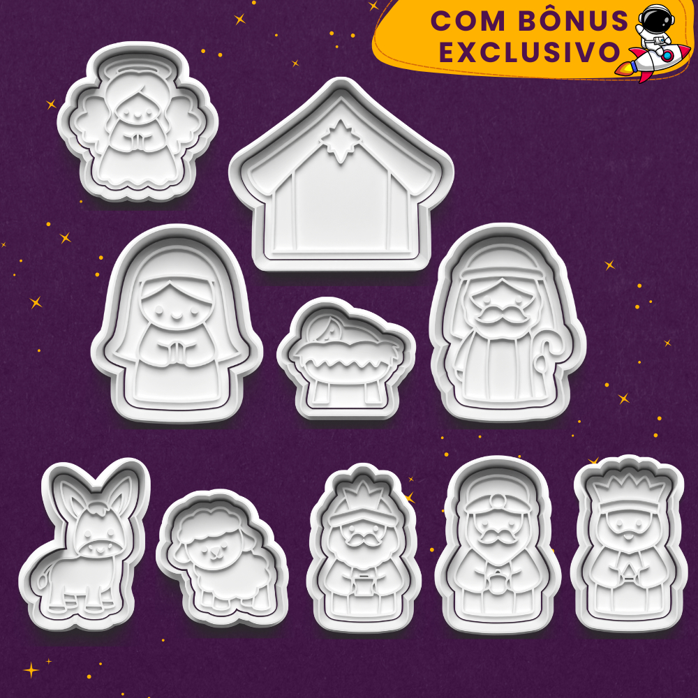 Kit 10 Cortador Marcador Cookie Natal Presépio Jesus Anjo Deus Manjedoura Reis Magos
