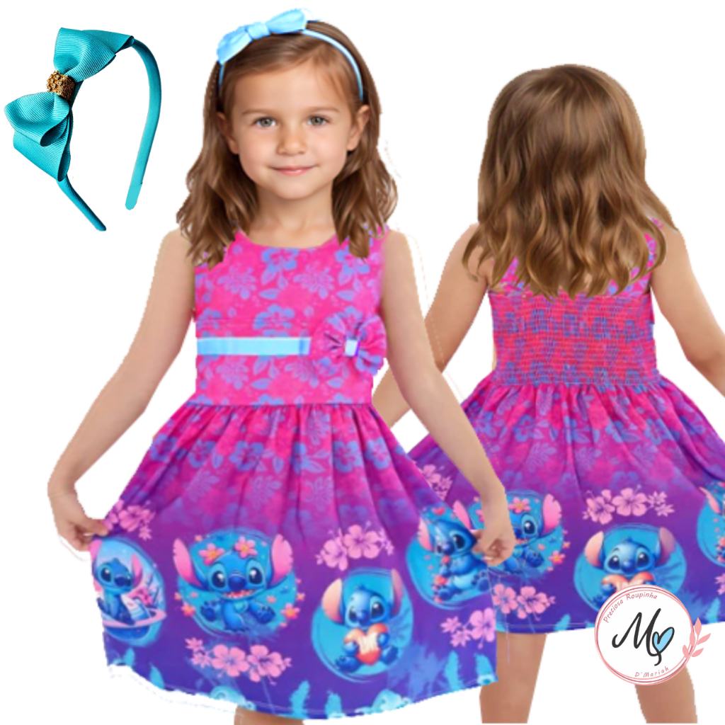 Vestido Lilo e Stitch Infantil Lillo Stich Menina Festa Aniversário Passeio Básico Criança