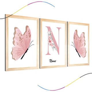 quadro decorativo infantil personalizado borboletinhas cor de rosa fofa menina quarto 3 peças em Oferta na Shopee