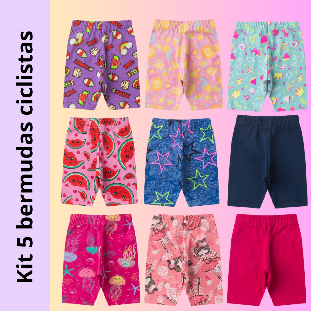 Kit Sortido 5 bermuda ciclista infantil menina - Kit 5 bermuda infantil cotton estampada verão feminino Pronta Entrega