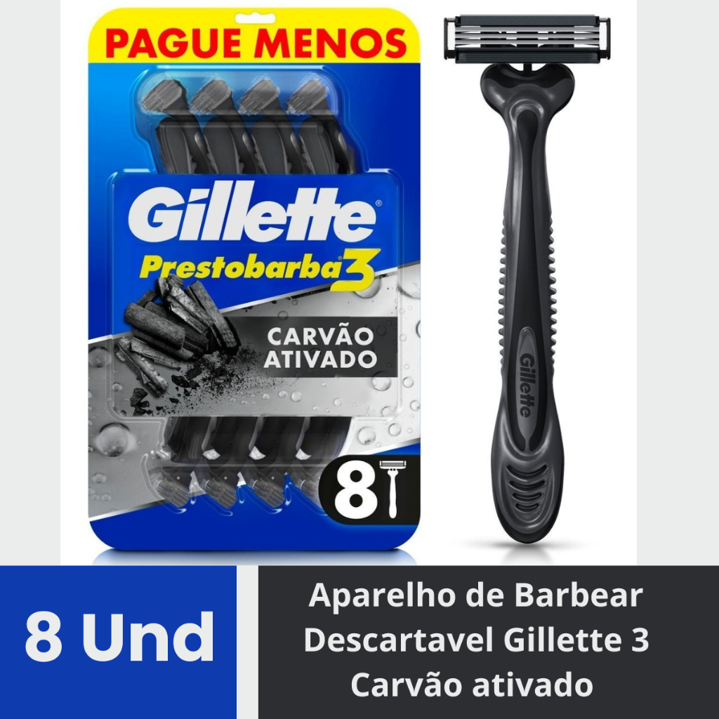 Aparelho de Barbear Descartavel Gillette 3 Carvão Ativado 8 Unidades