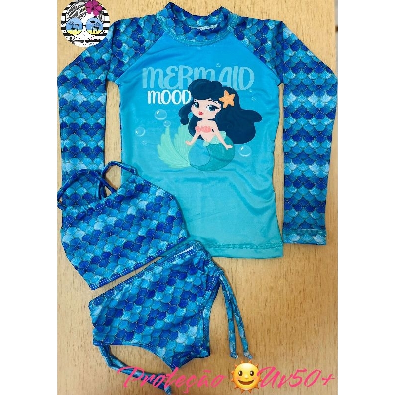 Biquíni Infantil com Camisa com proteção UV50+ Juvenil forrado com ajustes nas laterais