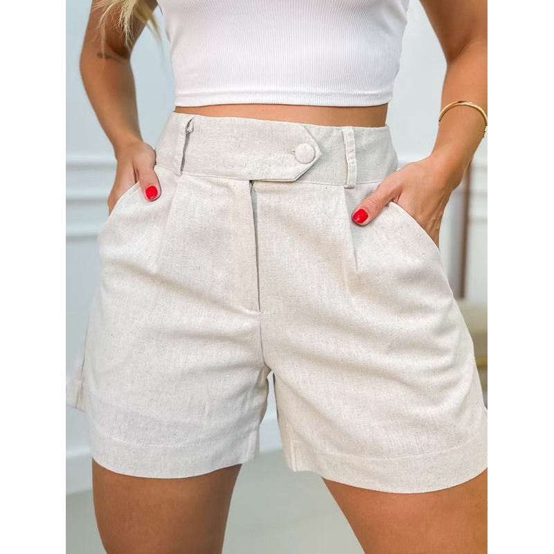 Short Feminino Linho Com Forro Casual Bermuda