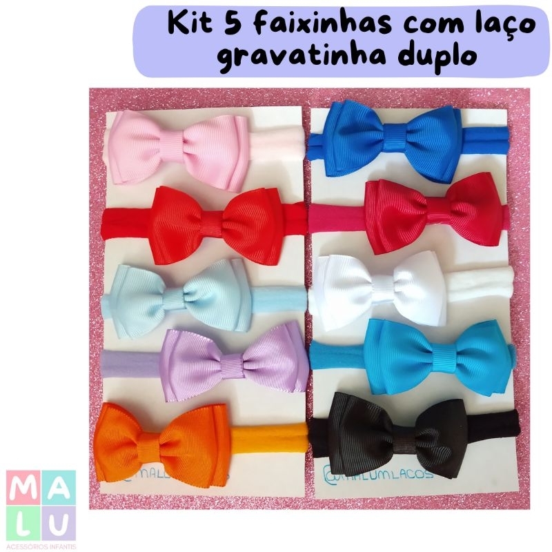 Kit com 5 faixinhas laços gravatinha duplo na meia de seda para bebê. Tiara de cabelo para rn.