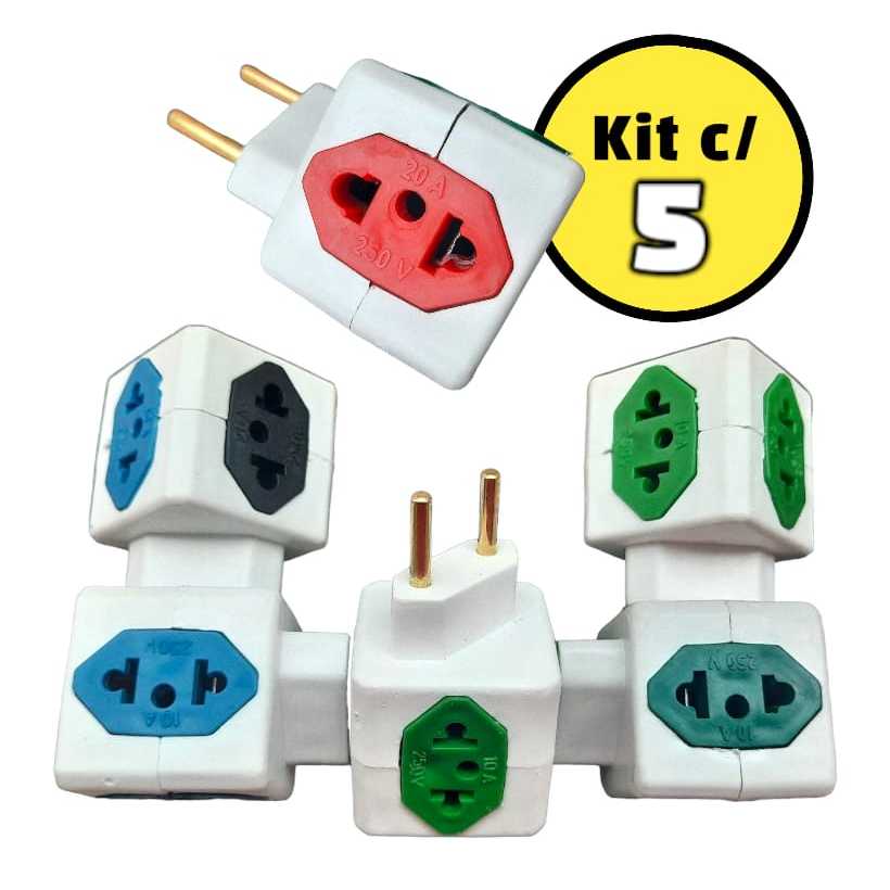 Kit 5 Adaptador Benjamim Tomada 10A e 20A Cubo 3D 4 em 1 Plug