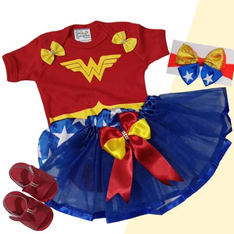 Body Bebê Temático Mulher Maravilha Fantasia Mesversário Ítens Opcionais