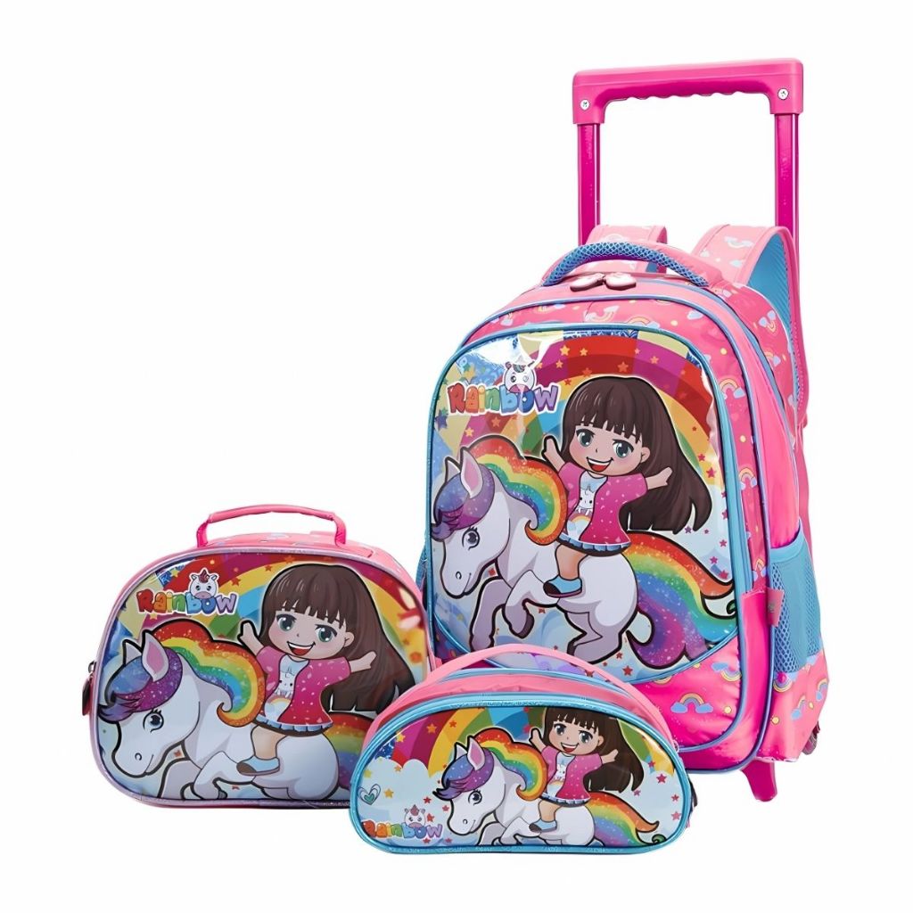 Kit Mochila Carrinho Escolar Rainbow Infantil Meninas Grande
