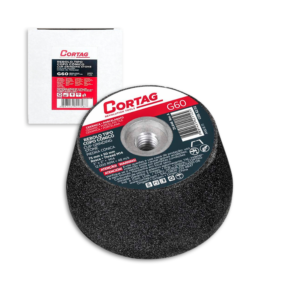 Rebolo Tipo Copo Cônico Cortag para Esmerilhadeira Polimento Concreto Pedra Abrasivo G-60/G-120 M14