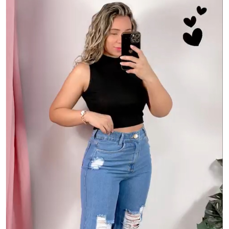 Blusinha Canelada Gola Alta  Moda Feminina Cropped Golinha Alta Croped Preto Blusa Barata Blusinha Canelada