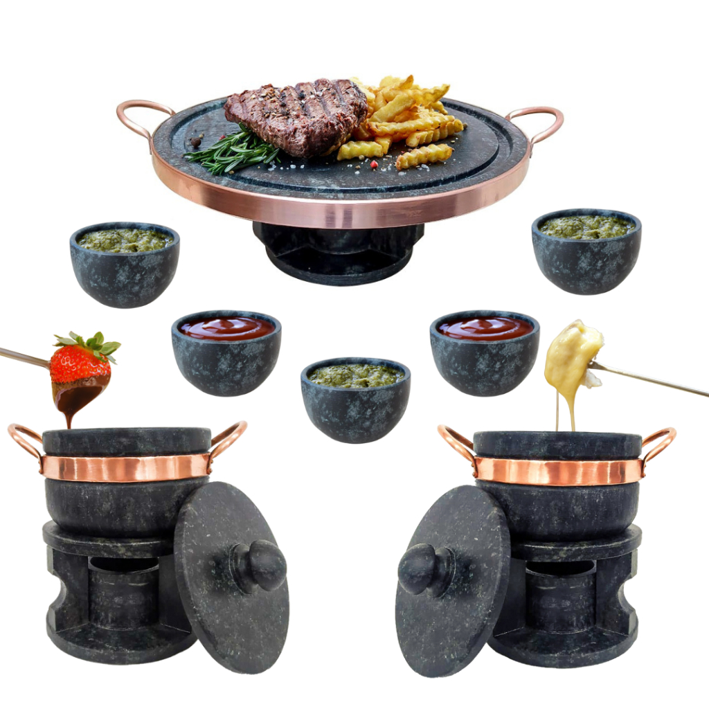 Fondue 23cm + 2 Fondues 500ml + 5 Cumbucas para molhos pedra sabão Arte Nativa em Oferta na Shopee
