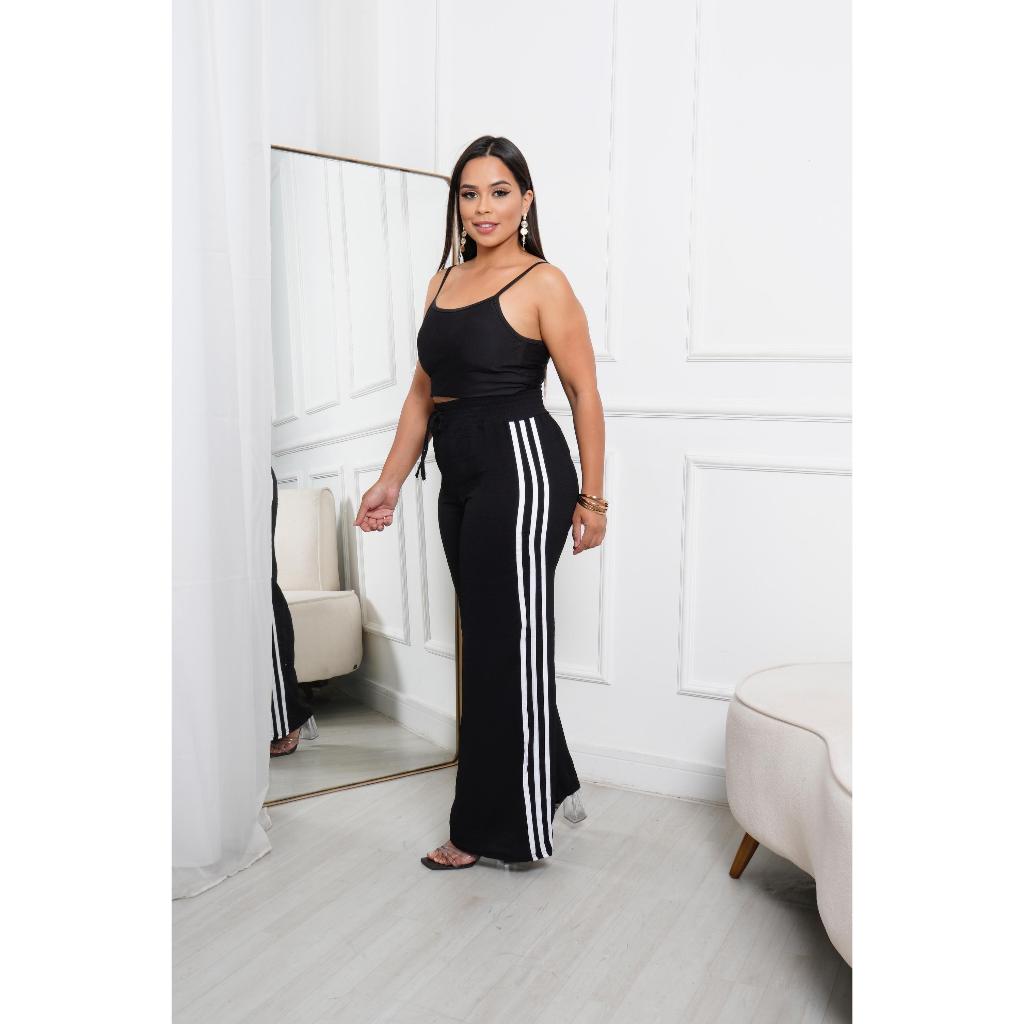 Calça  Pantalona  Feminina Duna Wide Leg Com Listras Laterais/Elástico na Cintura /Leve  Casual em Oferta na Shopee
