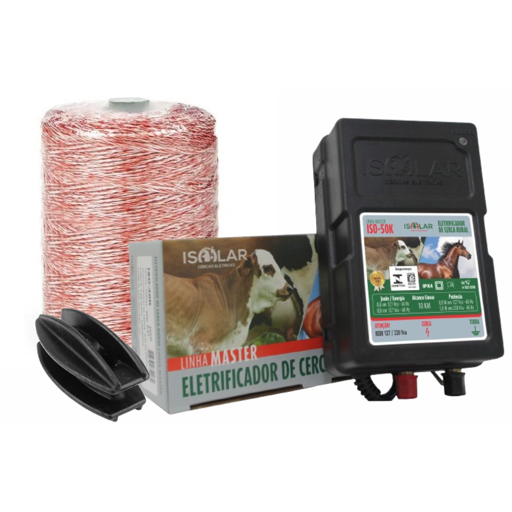 Kit- 1 Eletrificador Rural 0,4J 127/220V + 100 Roldana MAX PT + 500m Fio Elétro VM/BR + 10 Copt