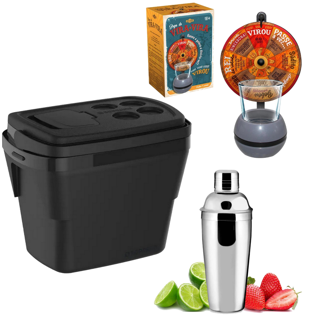 Kit Caixa Térmica 28 L Preta Soprano + Jogo Shot Roleta C/ Copo + Coqueteleira Inox 500ml