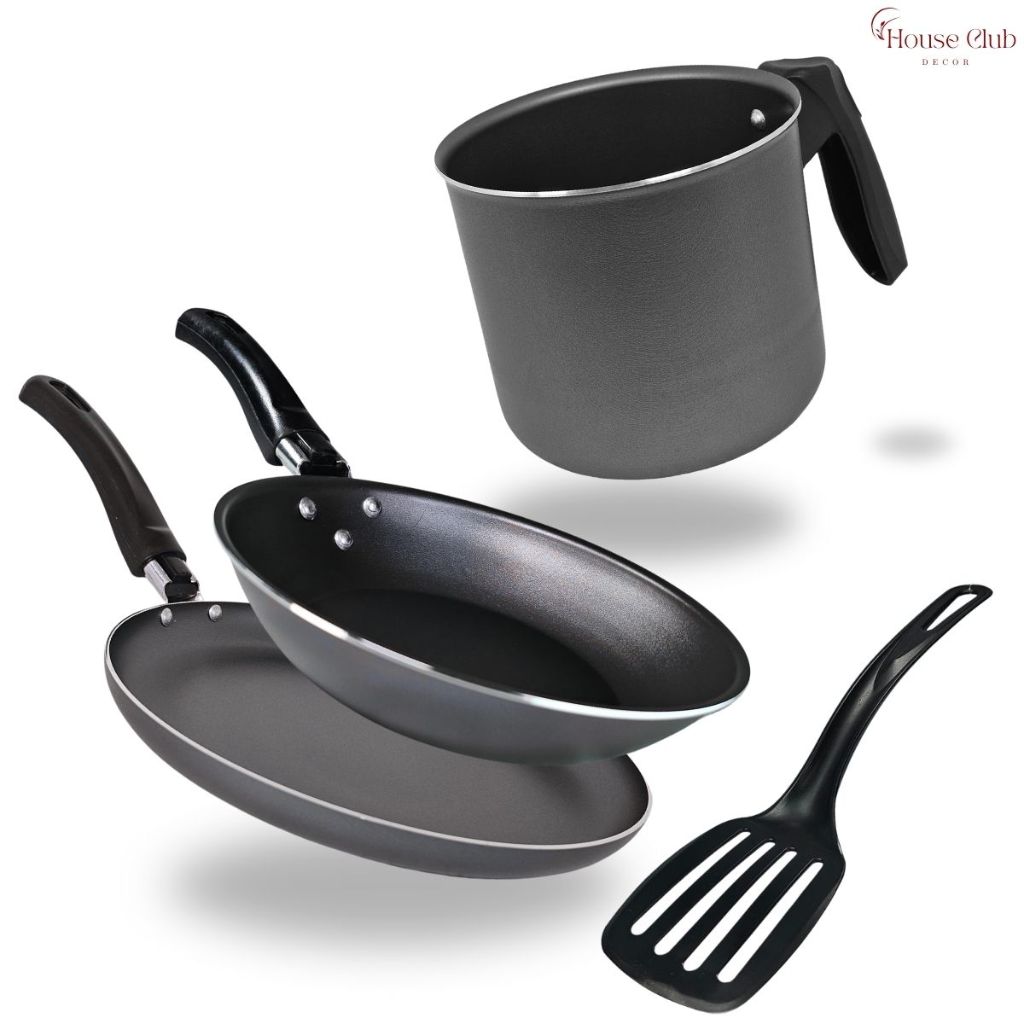 Kit 3 Peças Panquequeira 22 cm Frigideira Francesa 16 cm e Caneco Leiteira 16 cm Antiaderente Teflon Cor Preto Grafite