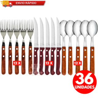 Kit 36 | 18 Peças Jogo De Talher Garfo Faca Colher De Inox Com Cabo De MADEIRA Faqueiro Cozinha