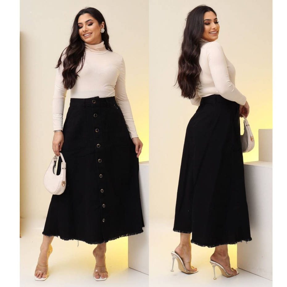 Saia Jeans Preta Longa Cós Alto e Botões Moda Cristã Evangélica Luxo 100% Jeans Tamanhos 38 ao 48 em Oferta na Shopee
