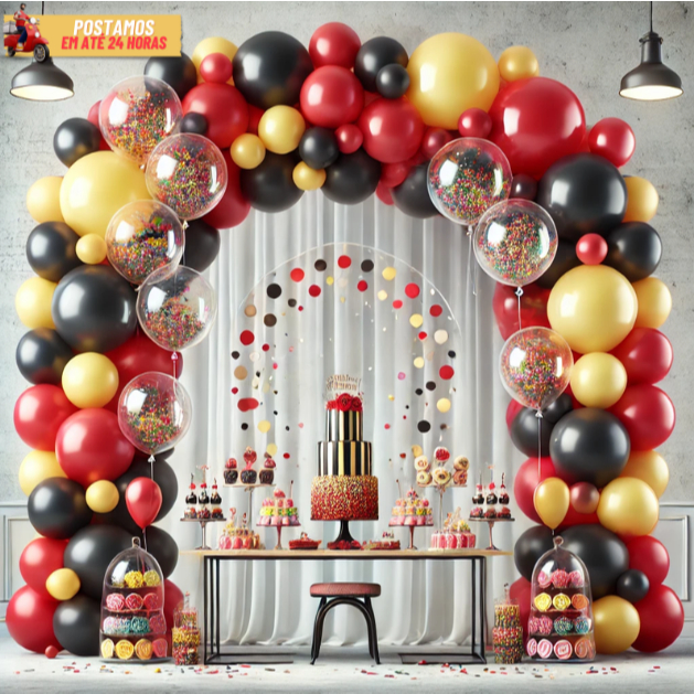 Kit 200 Balões Vermelho + Preto + Amarelo + Cristal N°7 + Confete - Bexiga Liso Festa e Aniversários