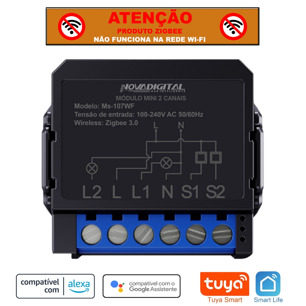 Módulo Mini Relé Zigbee de 2 Canais Tuya Nova Digital Compatível com Alexa > NÃO É WI-FI <