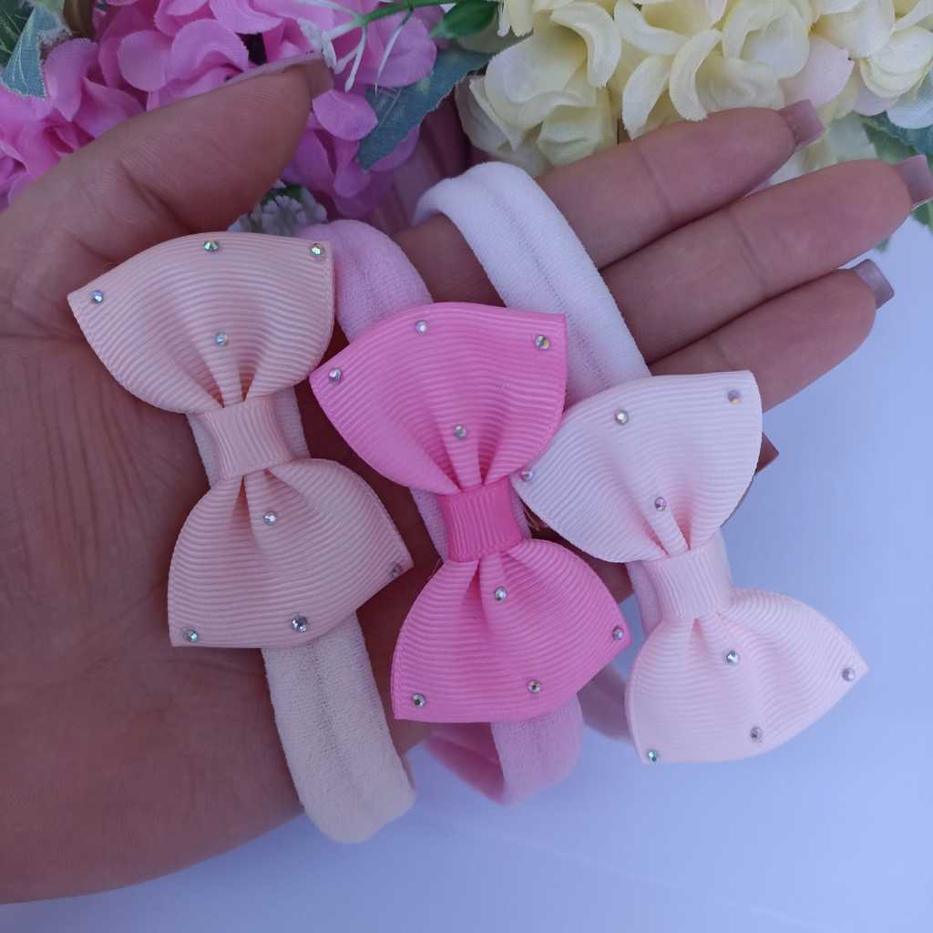 Kit de laço de cabelo para bebê menina em faixinha, laço gravatinha com strass em Oferta na Shopee
