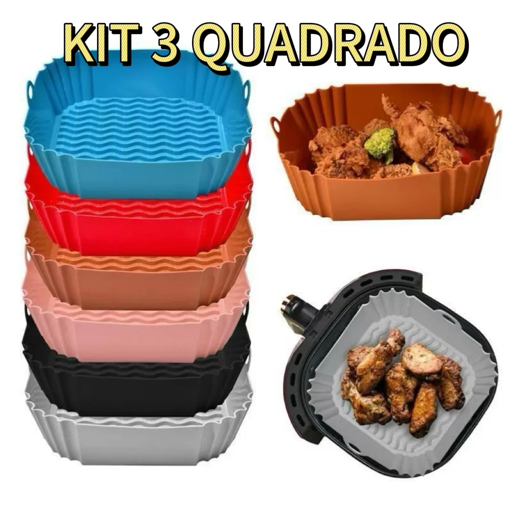 Imagem KIT 03 Formas de Silicone Grande Quadrada Antiaderente Assadeira Air Fryer e Forno para Fritadeira Elétrica com Alça