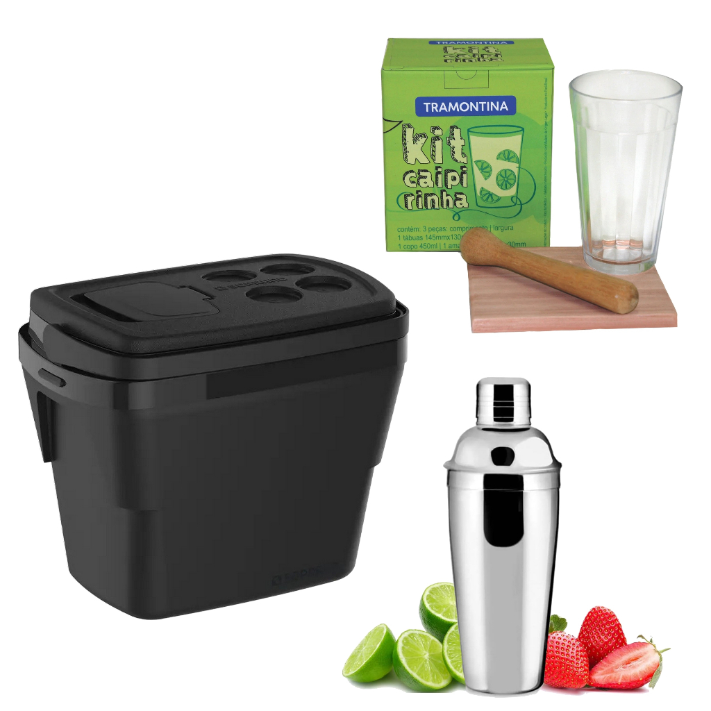Kit Caixa Térmica 28L Preta + Jogo Caipirinha 3 Peças Tramontina + Coqueteleira Inox 500ml