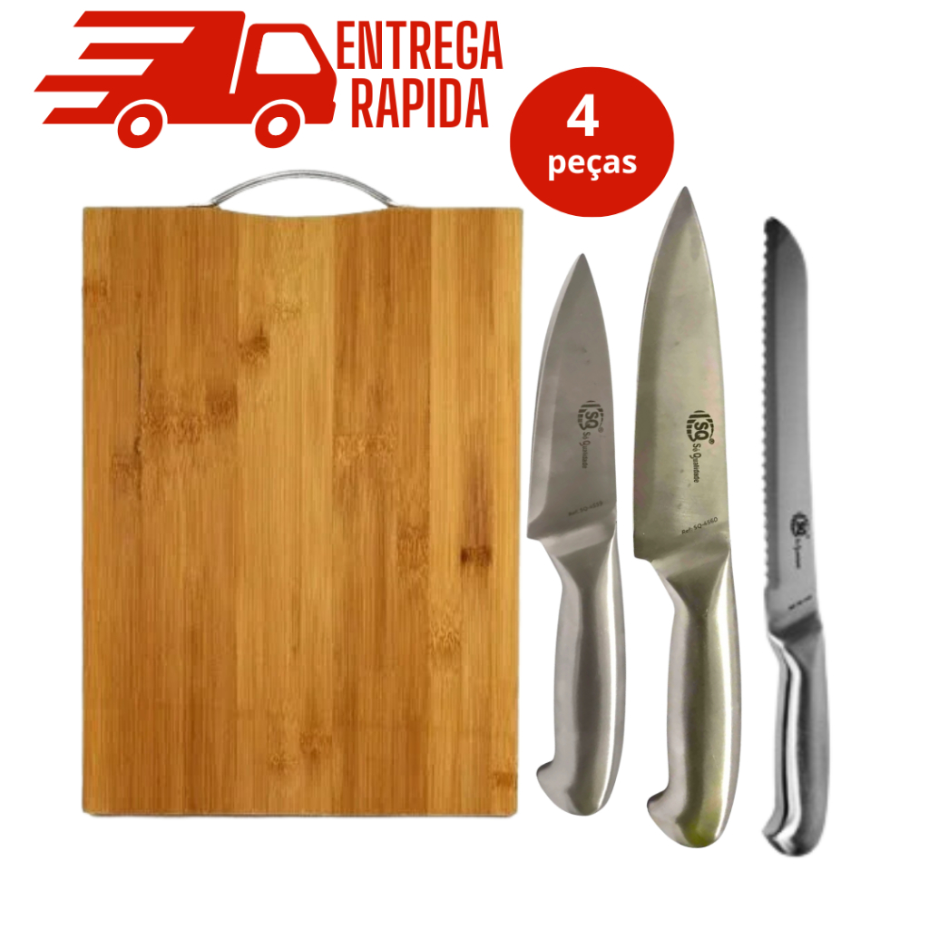Kit Tábua de Corte de Bambu + 3 Faca Profissional Aço Inox Inteiriça