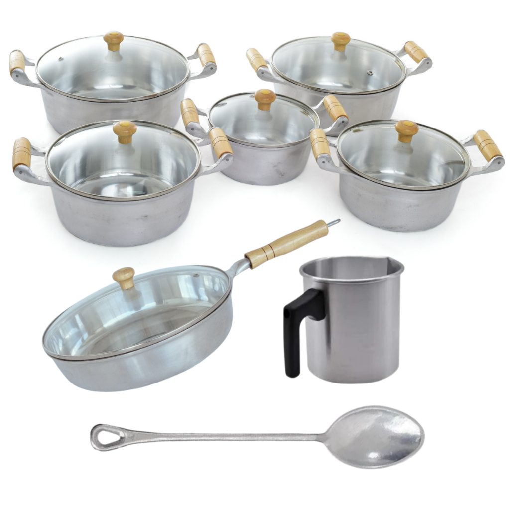Kit Conjunto Jogo De Panelas Frigideira Leiteira 8 Pçs Alumínio Fundido Batido Grosso Cabo de Madeira