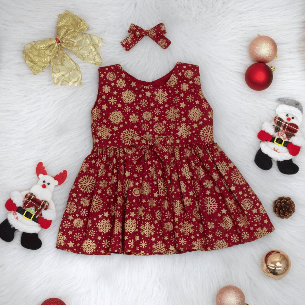Vestido Bebê Menina Vermelho Flocos de Neve Dourados 100% Algodão Confortável para o Natal Luxo