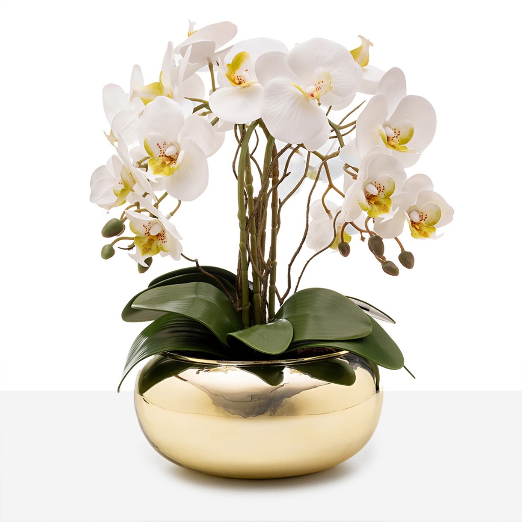 Arranjo Orquídea Silicone 4 Hastes Vaso Espelhado Dourado Luxo