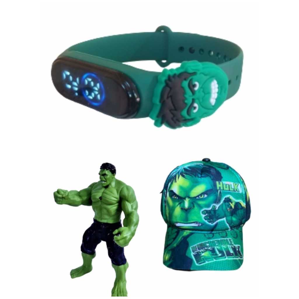 Bone , boneco e relogio digital a prova d agua , infantil masculino do Hulk , super kit para seu filho