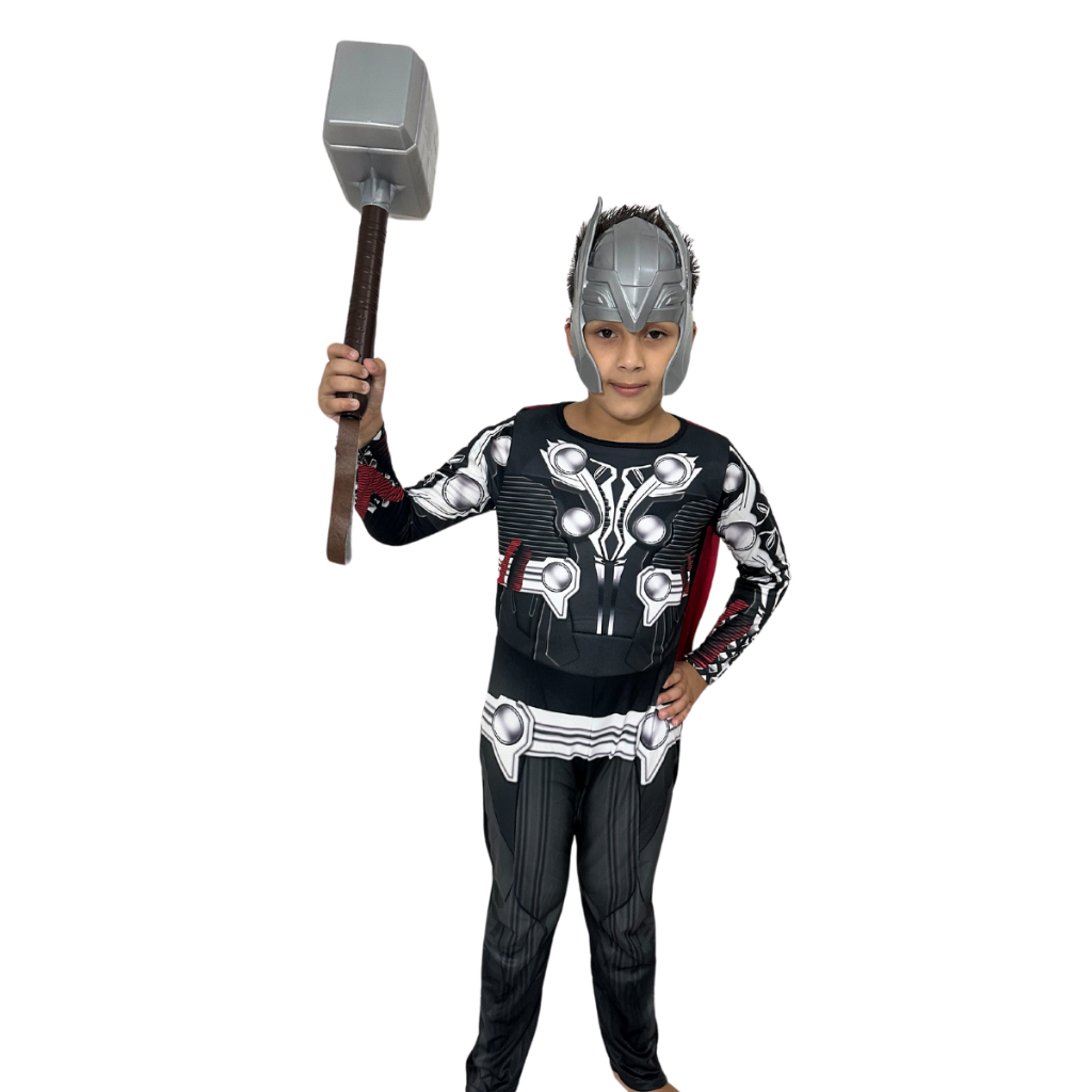 Fantasia Infantil Do Thor Longa Com Enchimento Mascara e Martelo De Plástico