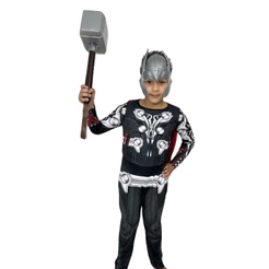 Fantasia Infantil Do Thor Longa Com Enchimento Mascara e Martelo De Plástico