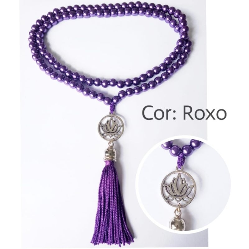 Imagem Japamala 108 Contas Pérola Roxo ( Plástico ) Com Pingente Flor de Lótus Rosário Budista Ref:435