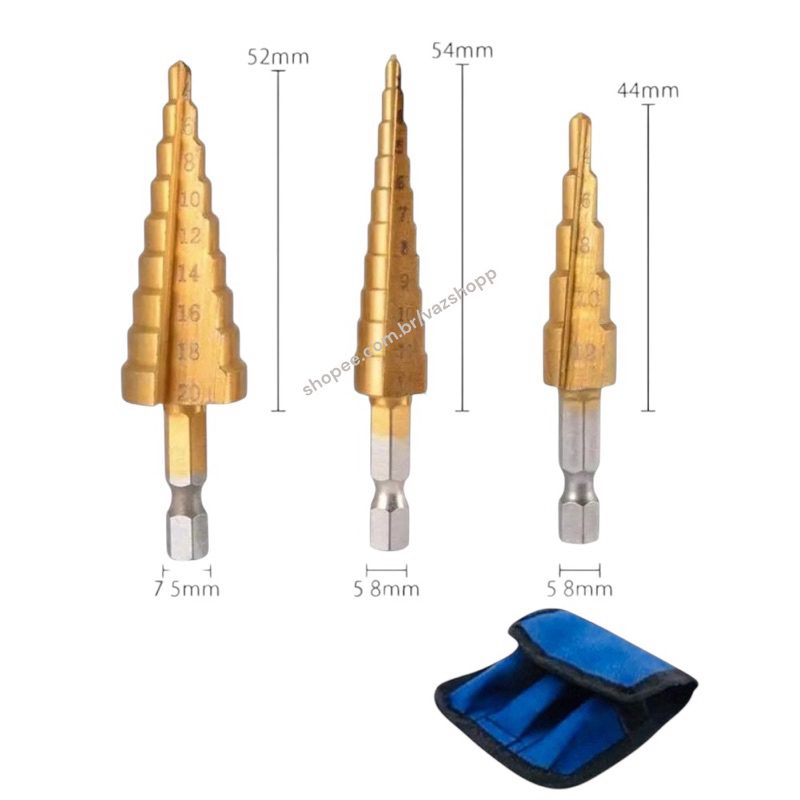 Jogo 3 Brocas Escalonada Titânio 3-12 4-12 4-20mm em Oferta na Shopee