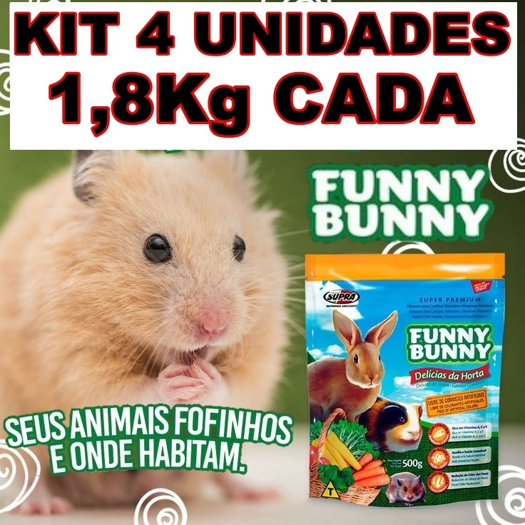 4 Rações Funny Bunny 1,8KG para Hamster, Porquinho da India, Coelho Funny Bunny Delicias da horta.
